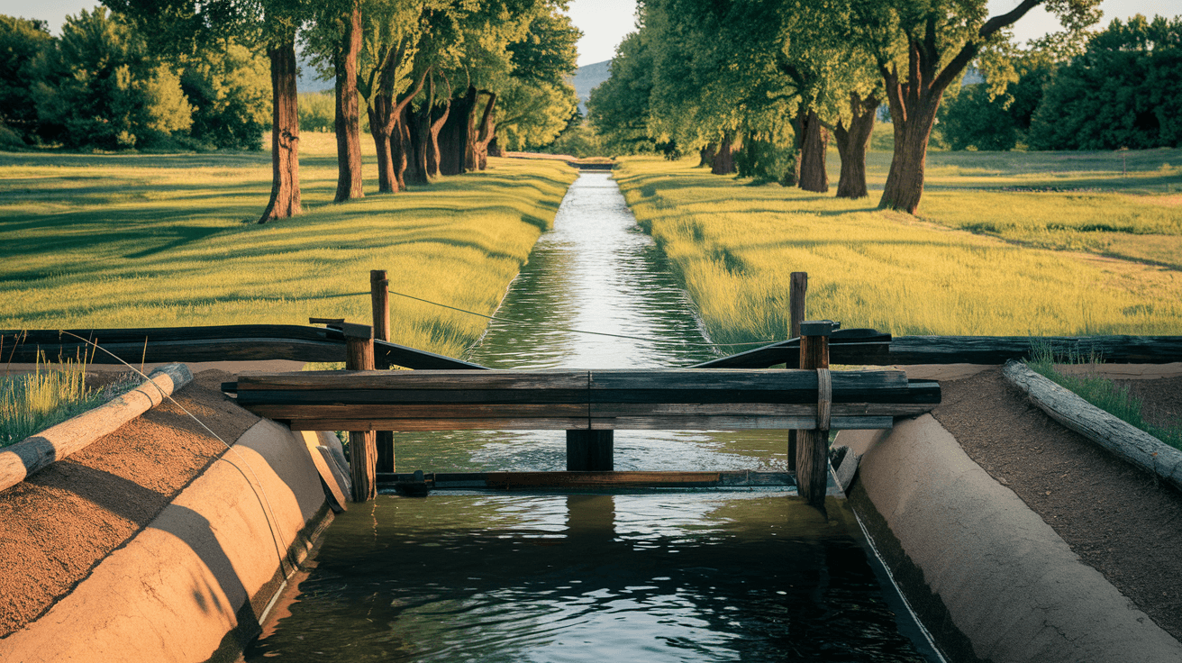 A traditional New Mexico acequia irrigation ditch running alongside a green irrigated pasture in Corrales, with a wooden gate controlling water flow, cottonwood trees lining the channel, and the late afternoon sun illuminating the scene