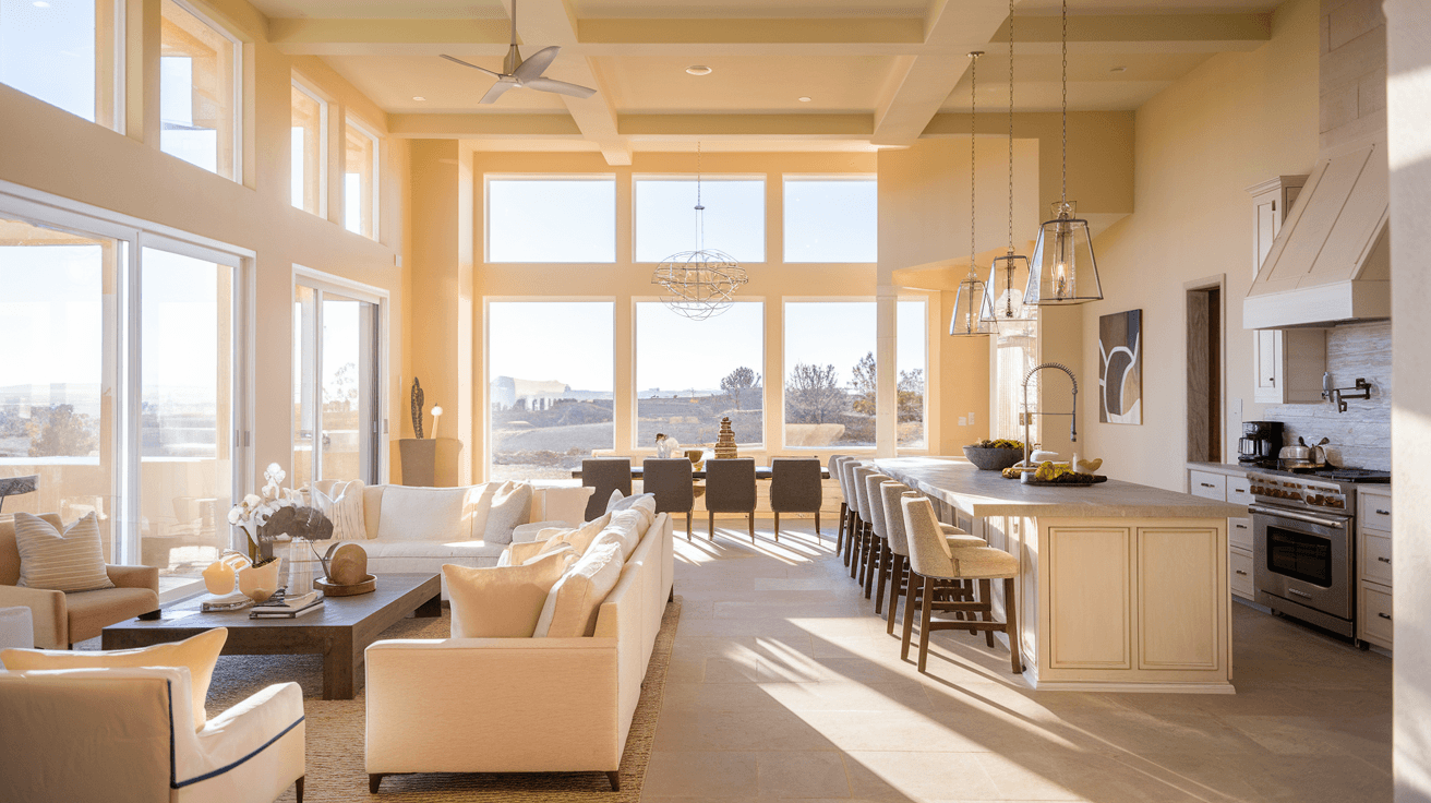 The interior of a modern Rio Rancho home with an open-concept living and kitchen area, high ceilings with exposed beams, large windows letting in golden New Mexico sunlight, and contemporary neutral furnishings