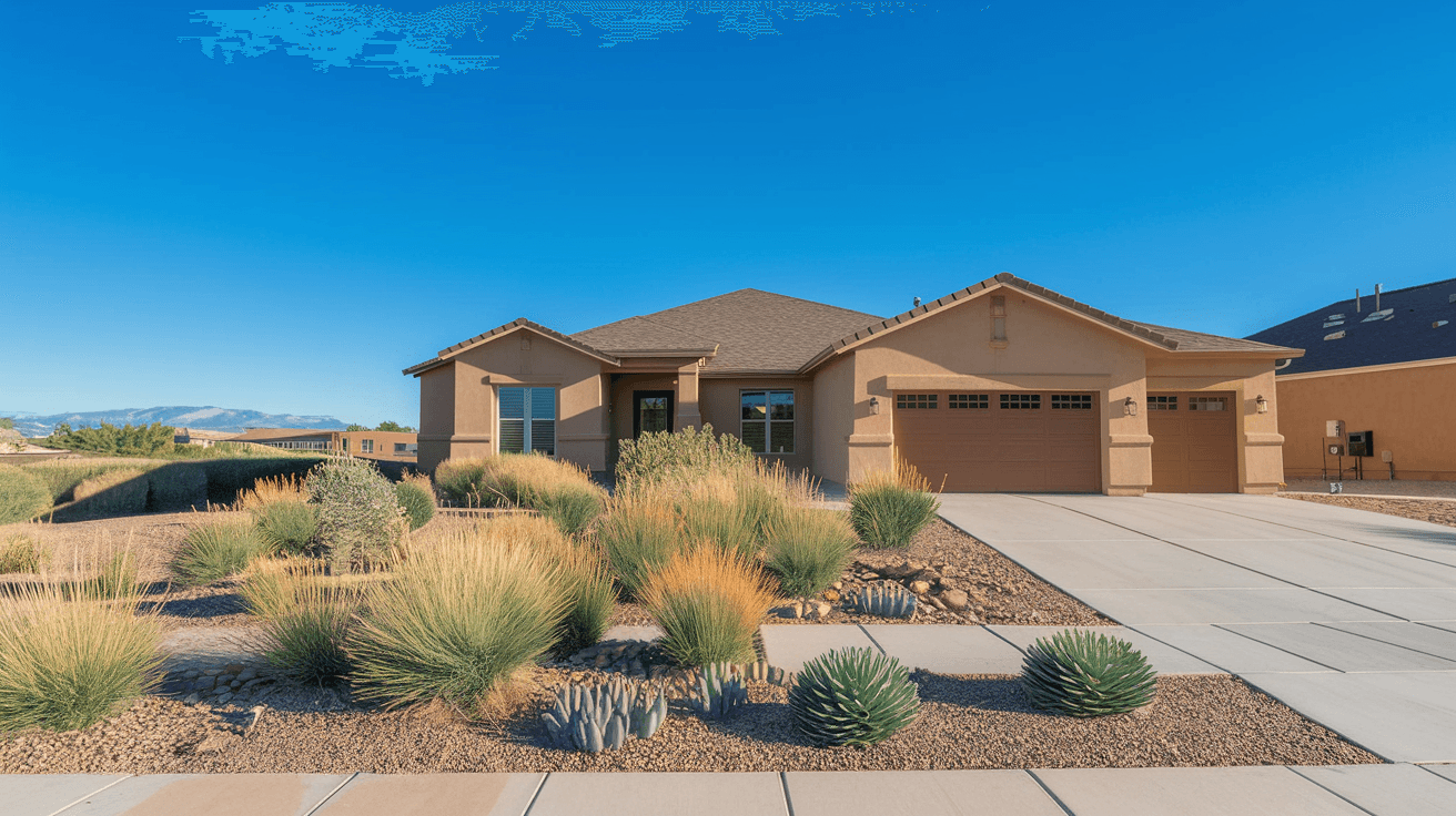 Aerial view of a well-kept suburban neighborhood in Albuquerque with the Sandia Mountains rising dramatically in the background, golden afternoon light, adobe and stucco homes with terracotta roofs, mature trees lining the streets
