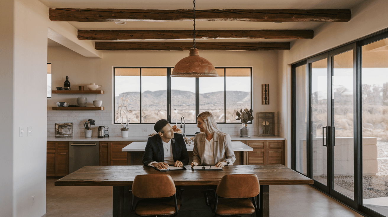 A couple reviewing home listing documents with a real estate agent at a kitchen table in a modern Albuquerque home, natural light coming through southwest-style windows